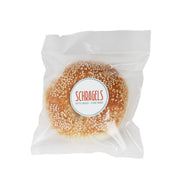 SCHRAGELS sesame bagel in clear white packaging with sesame-coated ring