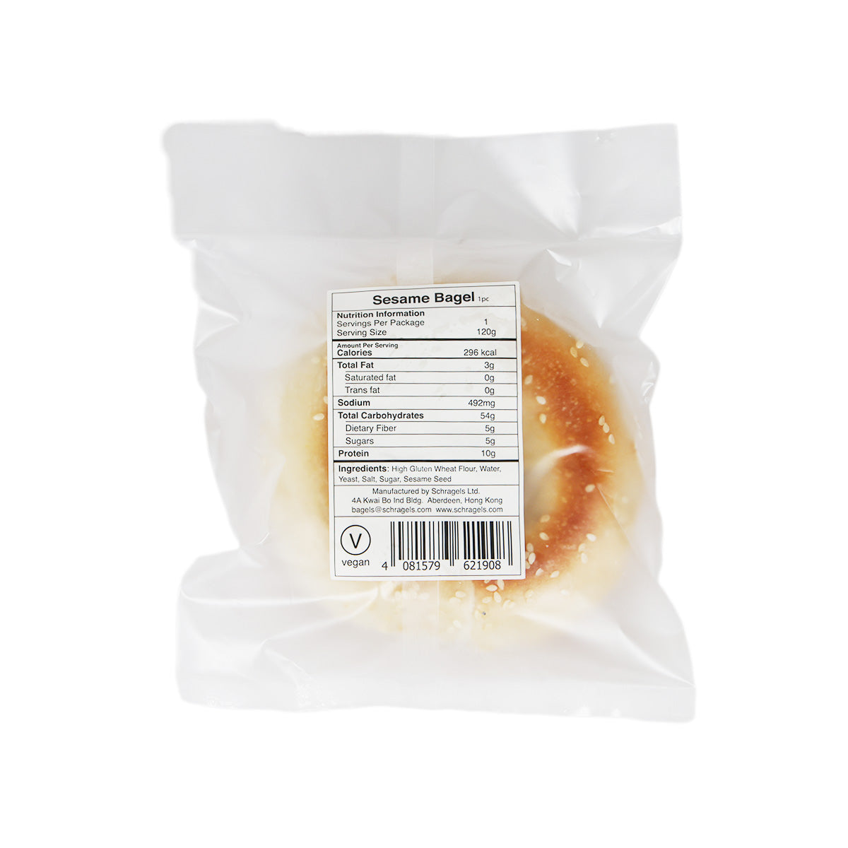 SCHRAGELS sesame bagel pack showing nutrition label on back