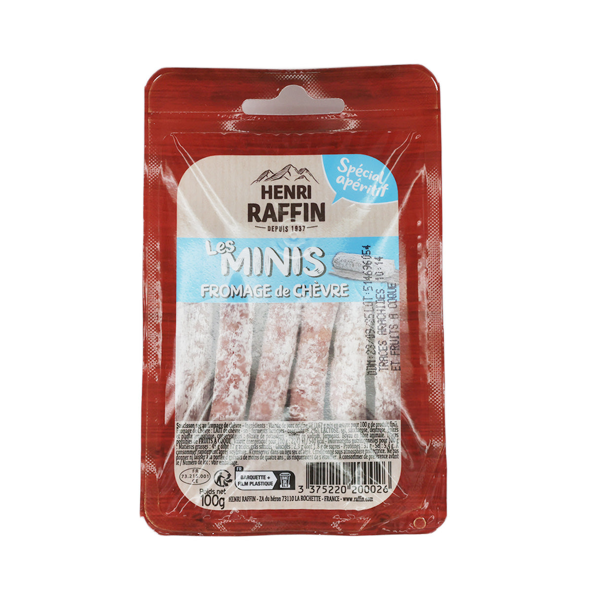 Mini salami with goat cheese in blister pack, red-and-brown label