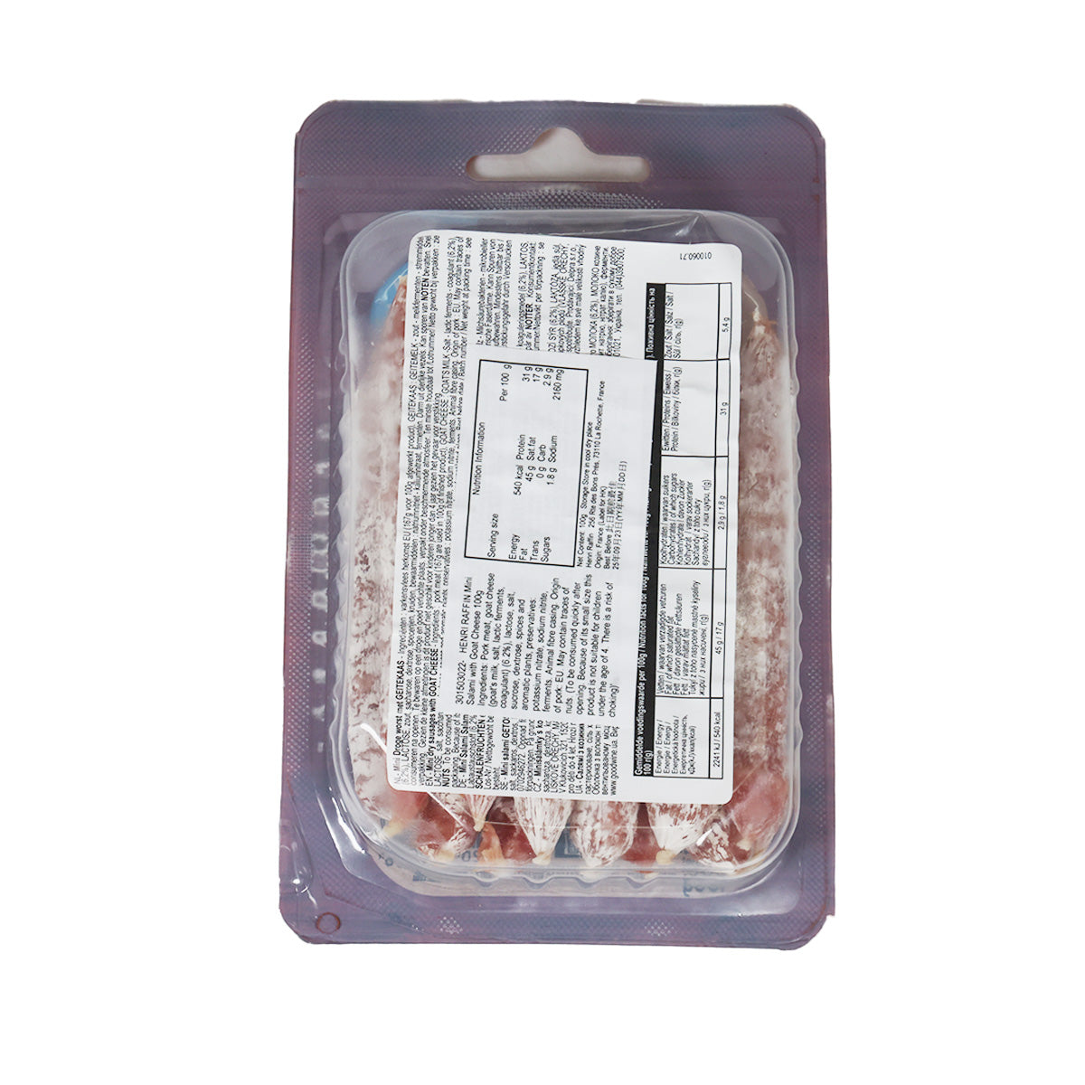 Mini salami with goat cheese blister pack with clear window showing slices