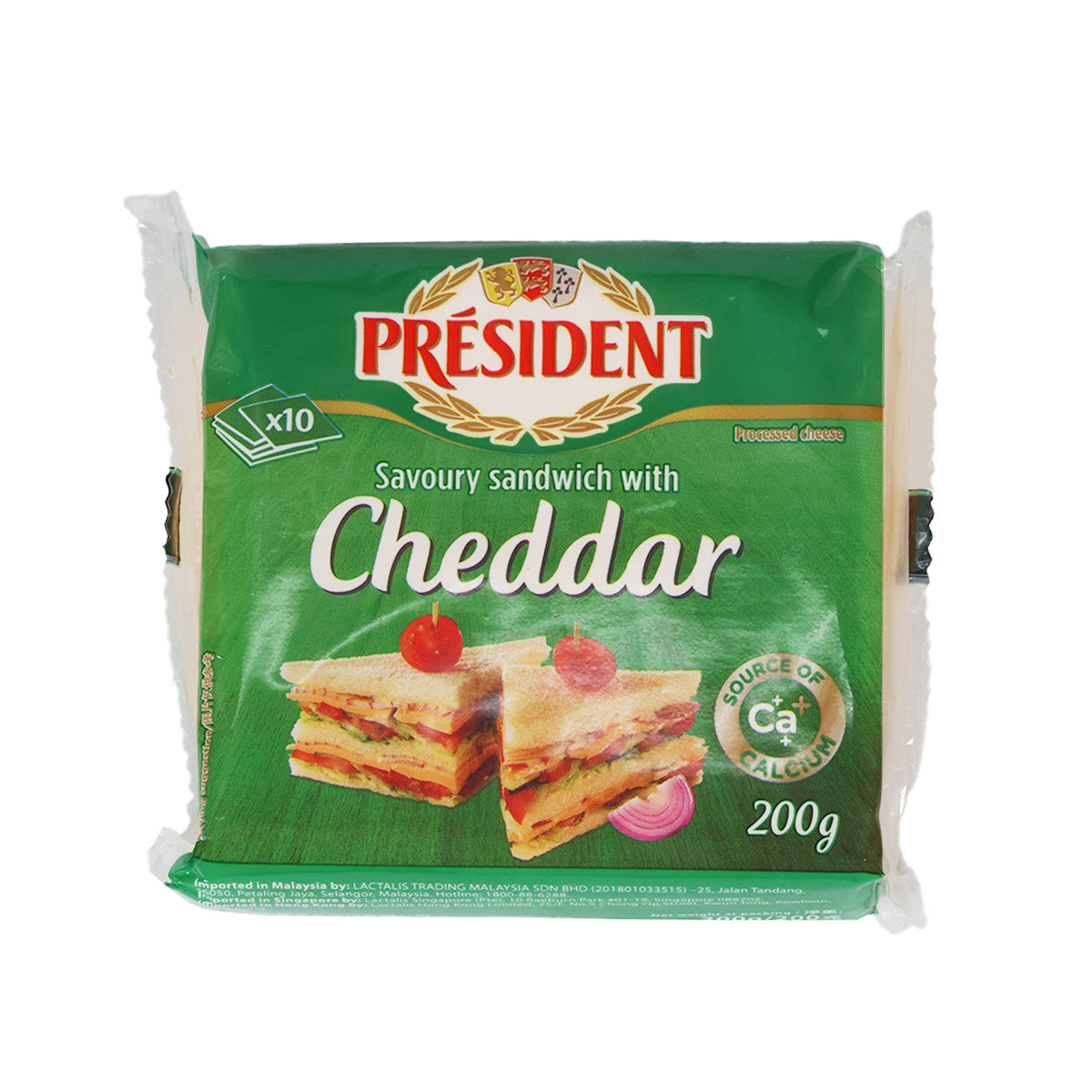 Cheddar processed cheese slices pack, green wrapper with product front and 200 g