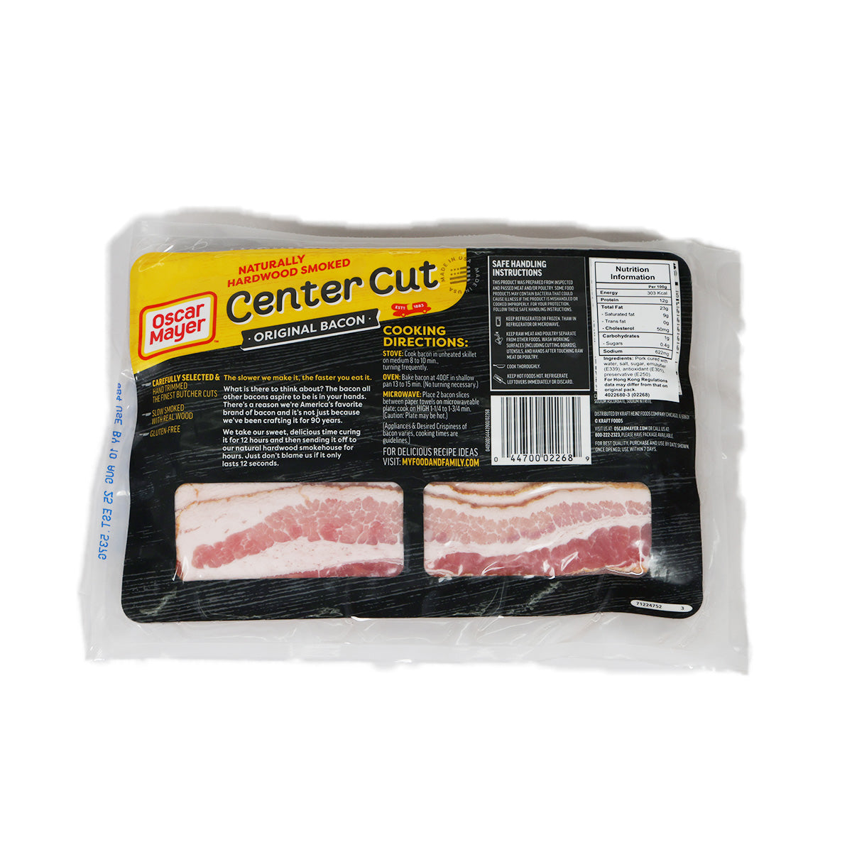 Sealed center-cut bacon package showing two bacon slices