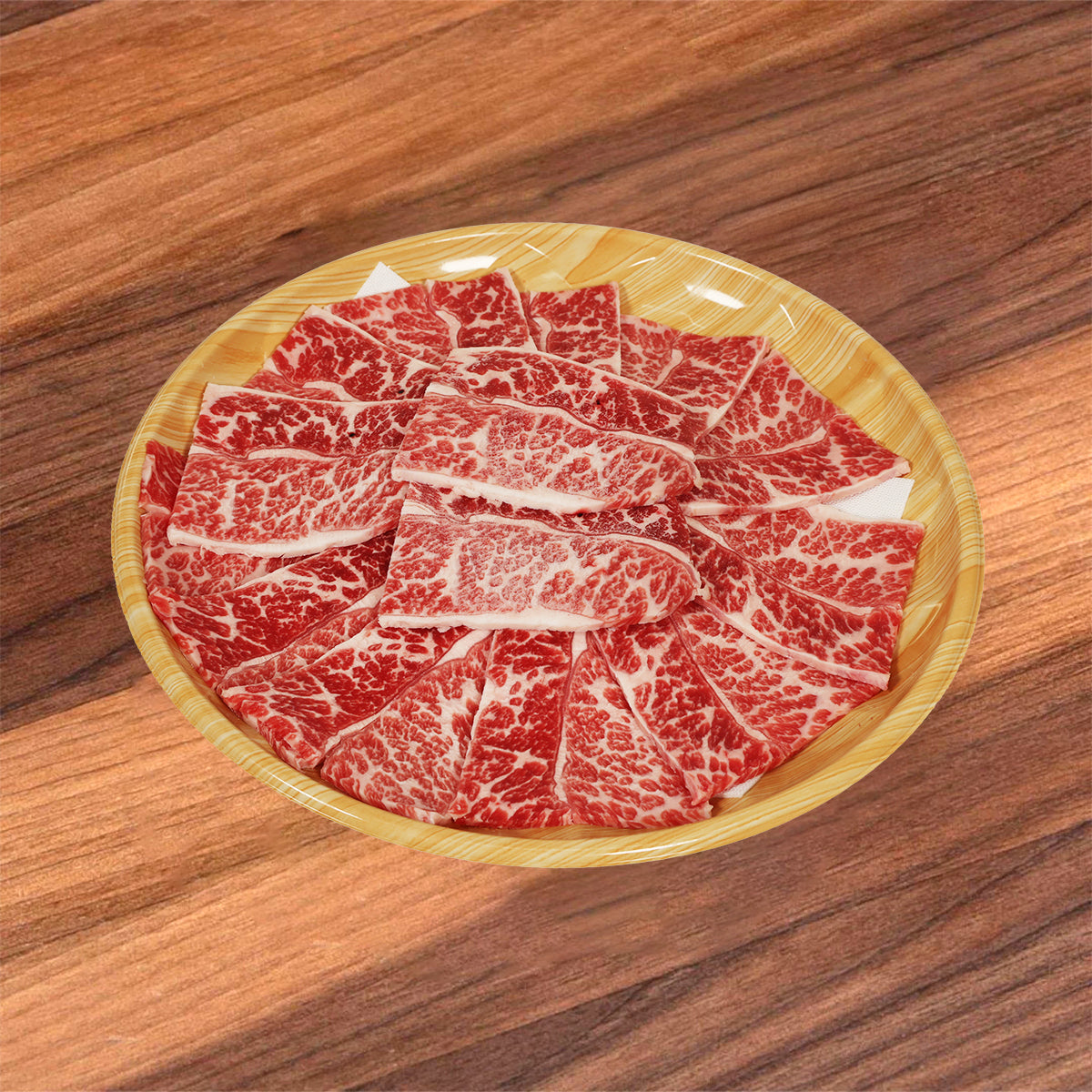 Boneless short rib shabu beef slices on plate, red marbling