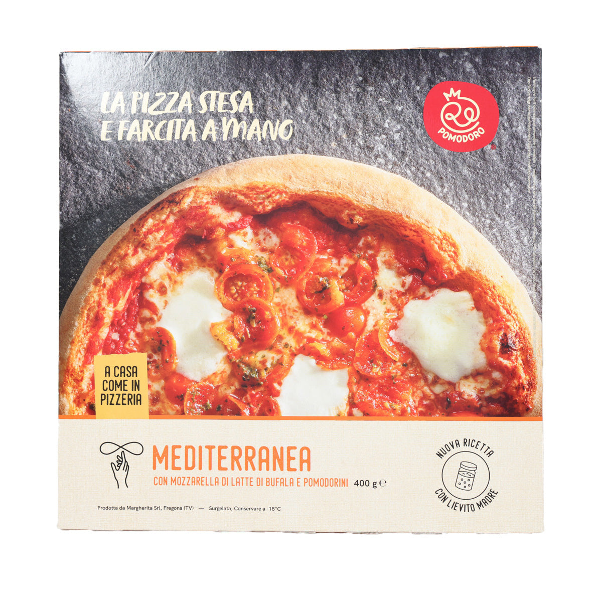 Frozen Mediterranean pizza with buffalo mozzarella and cherry tomato, boxed