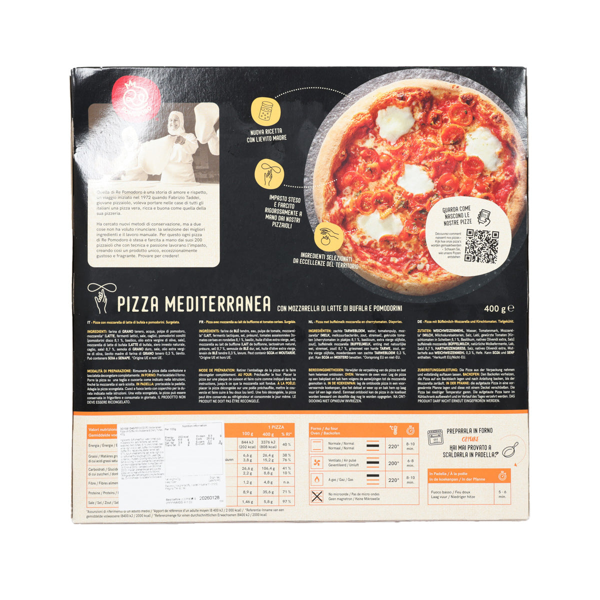 Back of frozen pizza box showing ingredients, preparation info, and nutrition details