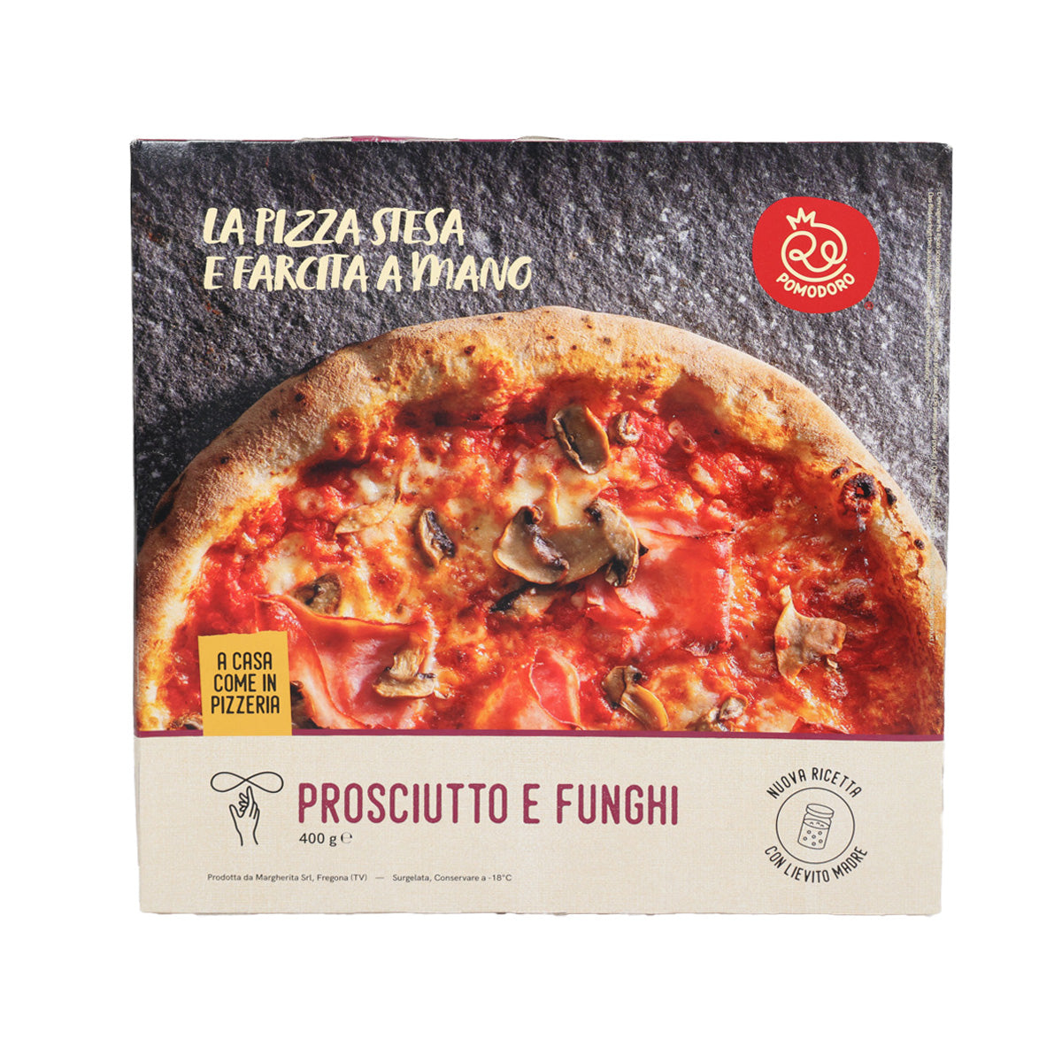 Ham and mushroom pizza box, front with prosciutto topping photo and 400 g label