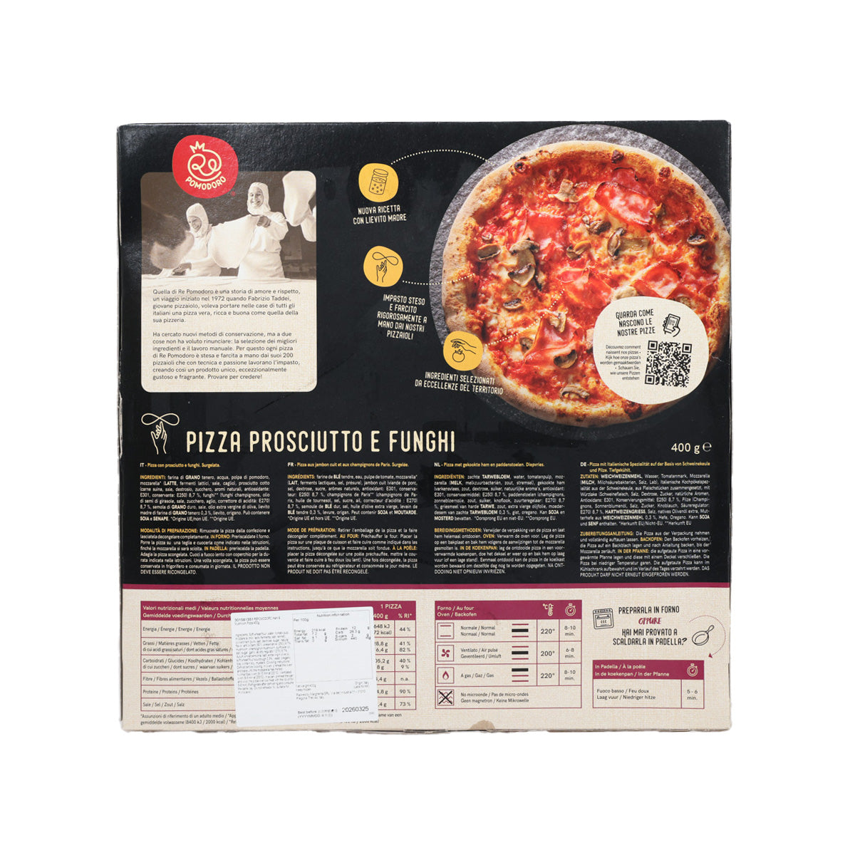 Ham and mushroom pizza box, back panel with product details and barcode