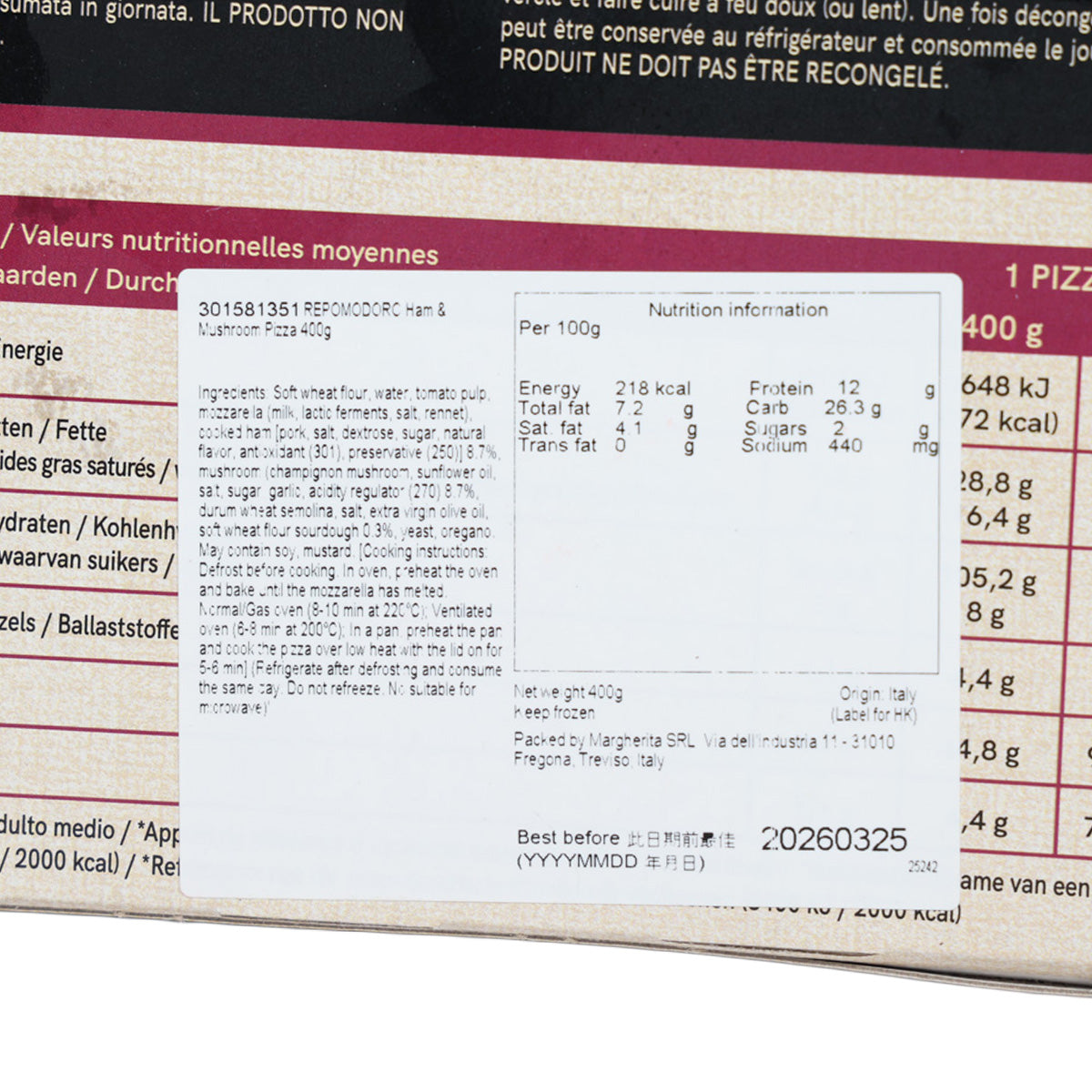Ham and mushroom pizza package, nutrition facts panel with values per 100 g
