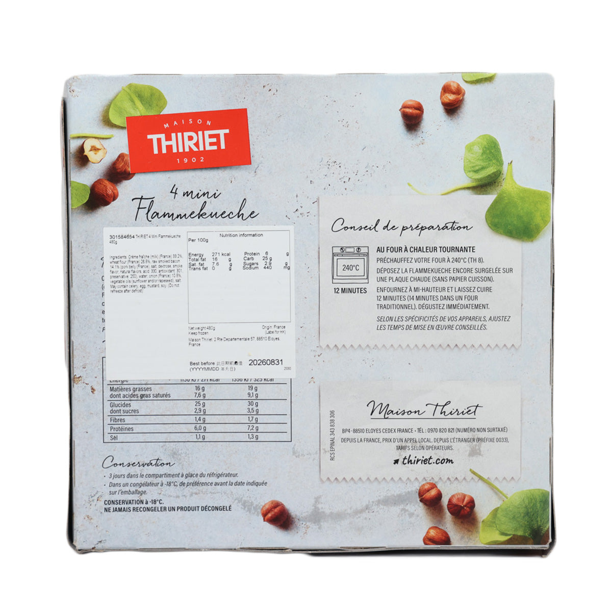 THIRIET flammekueche package back with 4 mini serving info and preparation instructions