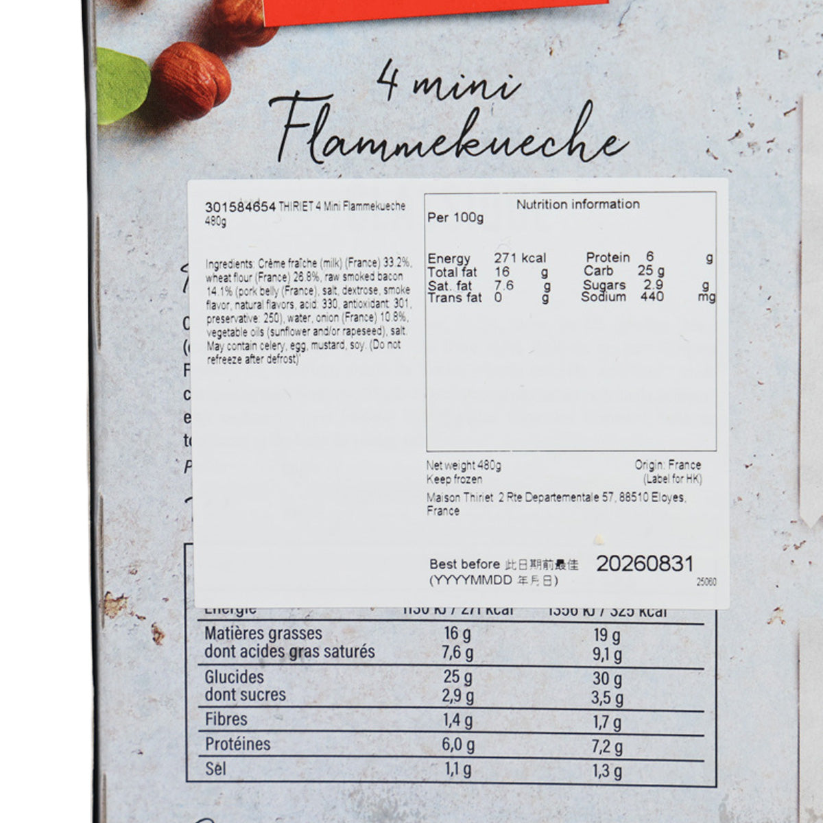 THIRIET flammekueche nutrition label close-up with ingredients and per-100g table