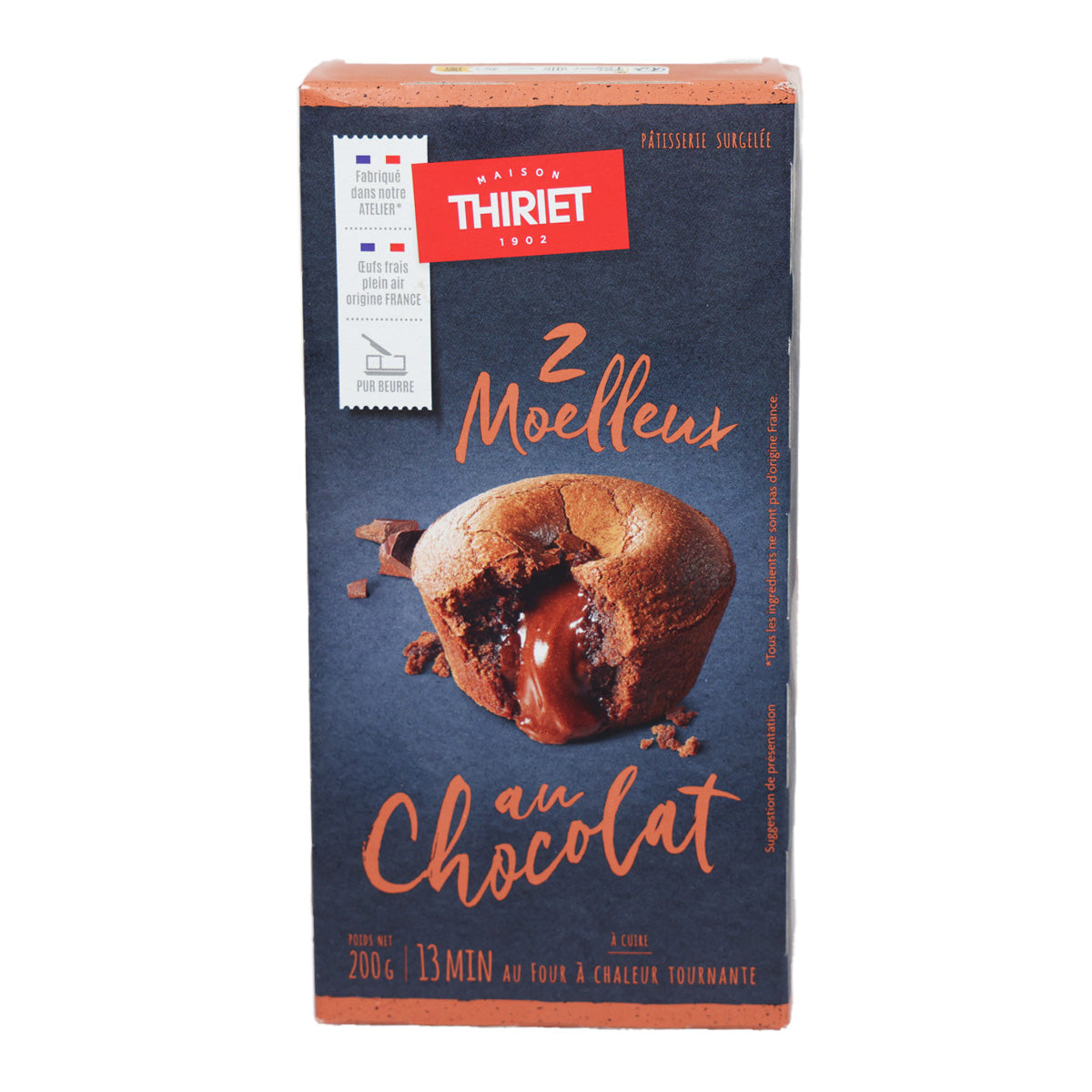 THIRIET chocolate fondant cake box, front with logo and cake photo