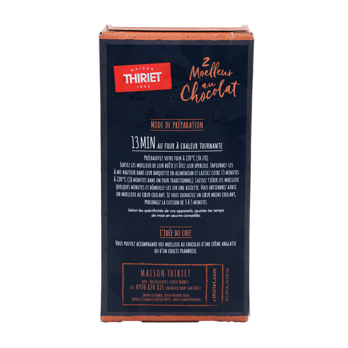THIRIET chocolate fondant cake box, back with preparation instructions