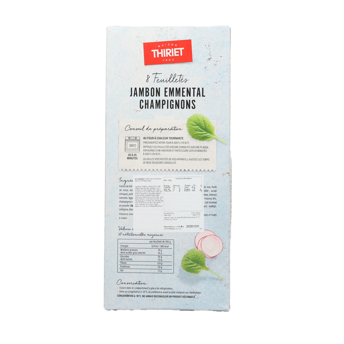 THIRIET ham emmental mushroom puff pastry back label on package