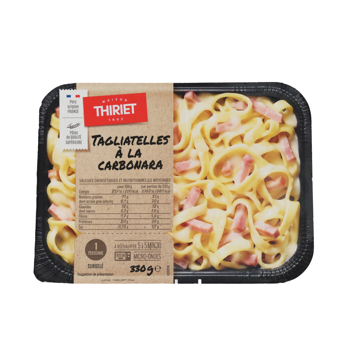 Refrigerated tagliatelle carbonara meal in black plastic tray, 330 g