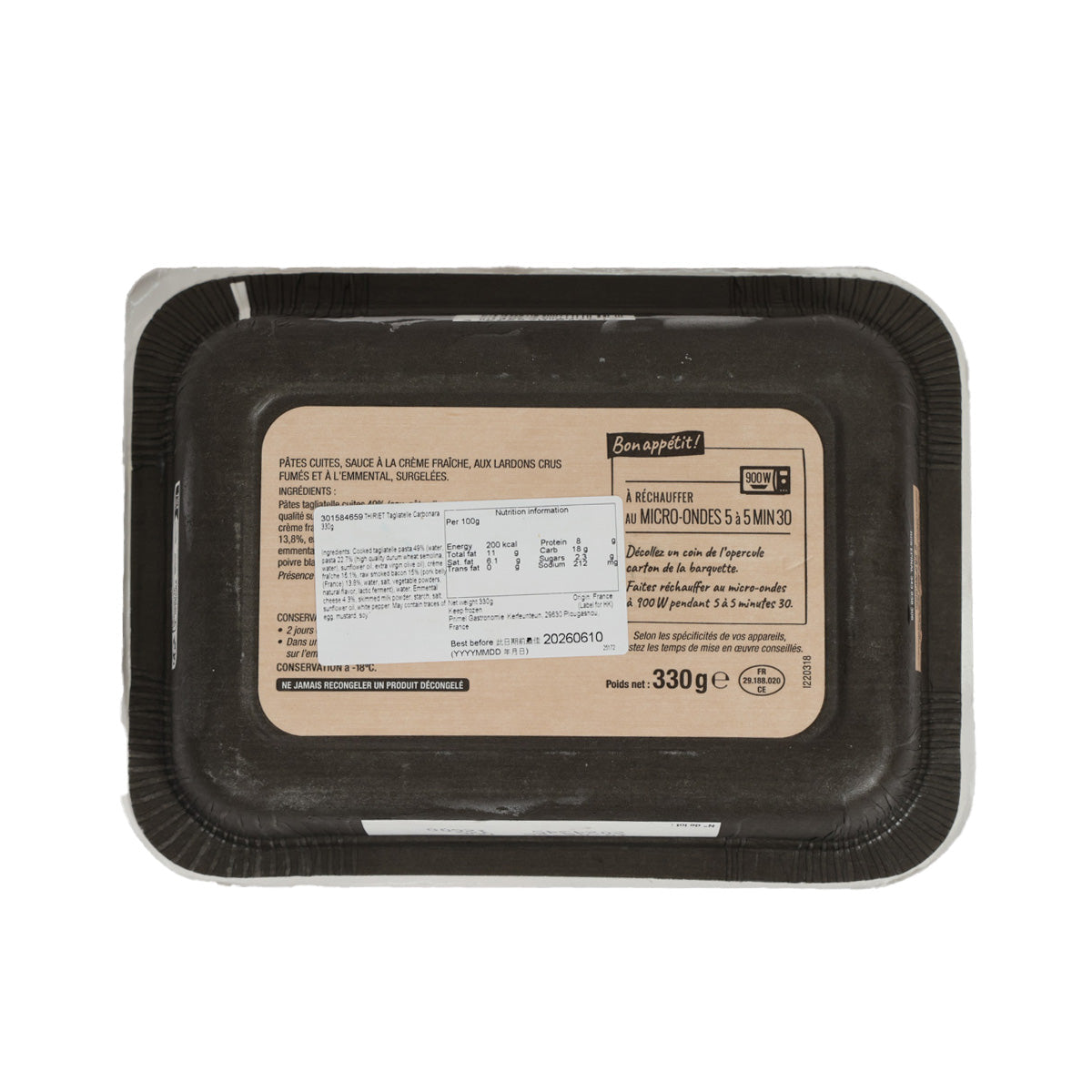 Back view of refrigerated tagliatelle carbonara meal tray with ingredient label, 330 g