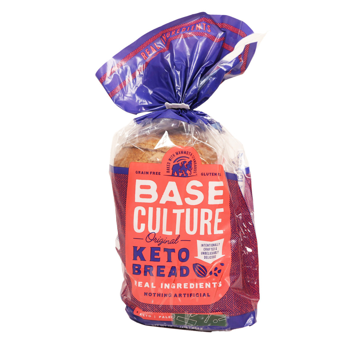 BASE CULTURE Keto bread in sealed plastic bag, front label visible