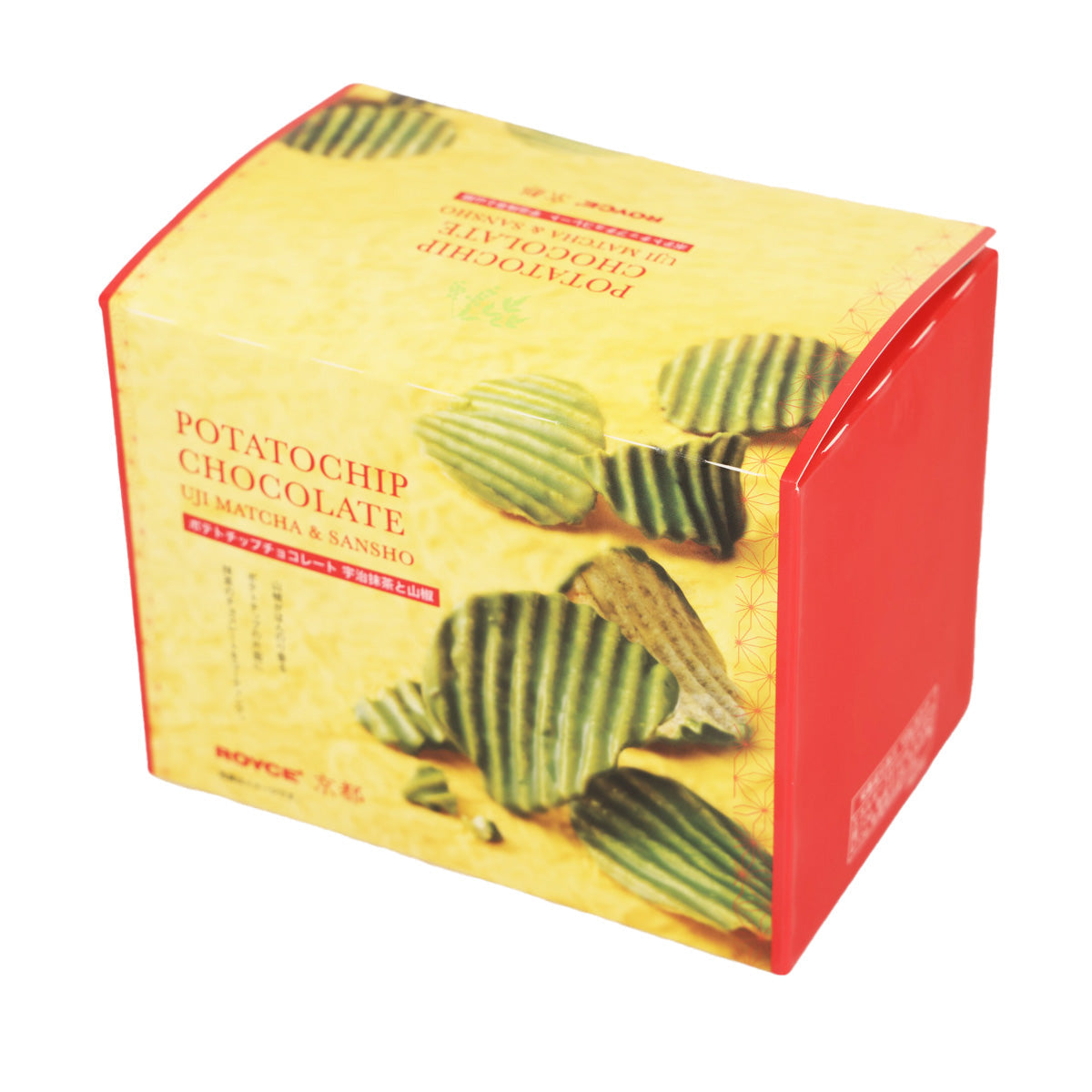 Potato chip chocolate box with matcha and sansho, angled view and red side panel