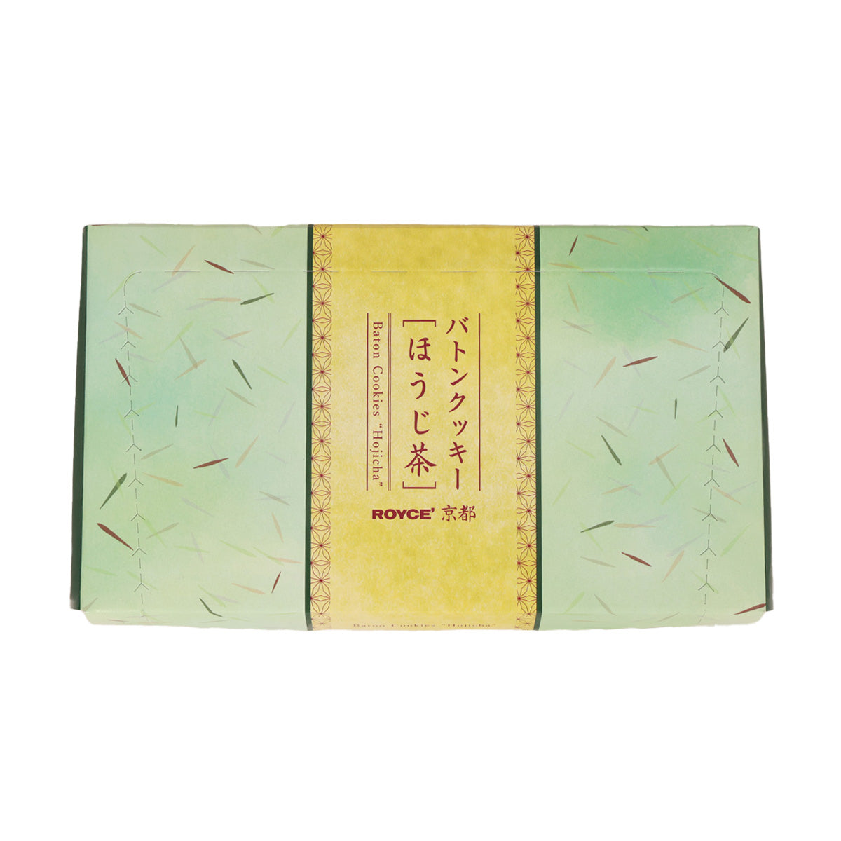 Decorative box of baton cookies with green and gold panels and printed center label