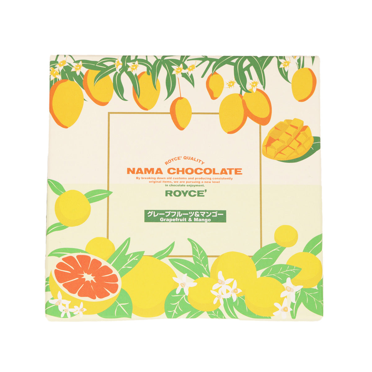 Tropical fruit Nama chocolate gift box with ROYCE branding and mango & grapefruit design
