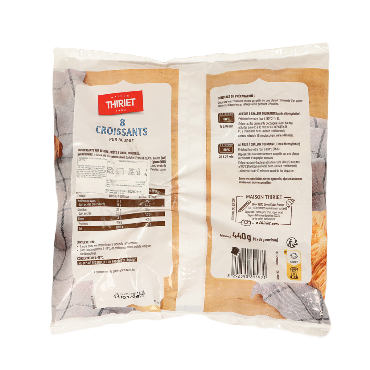 Packaged eight butter croissants pouch with back label and barcode