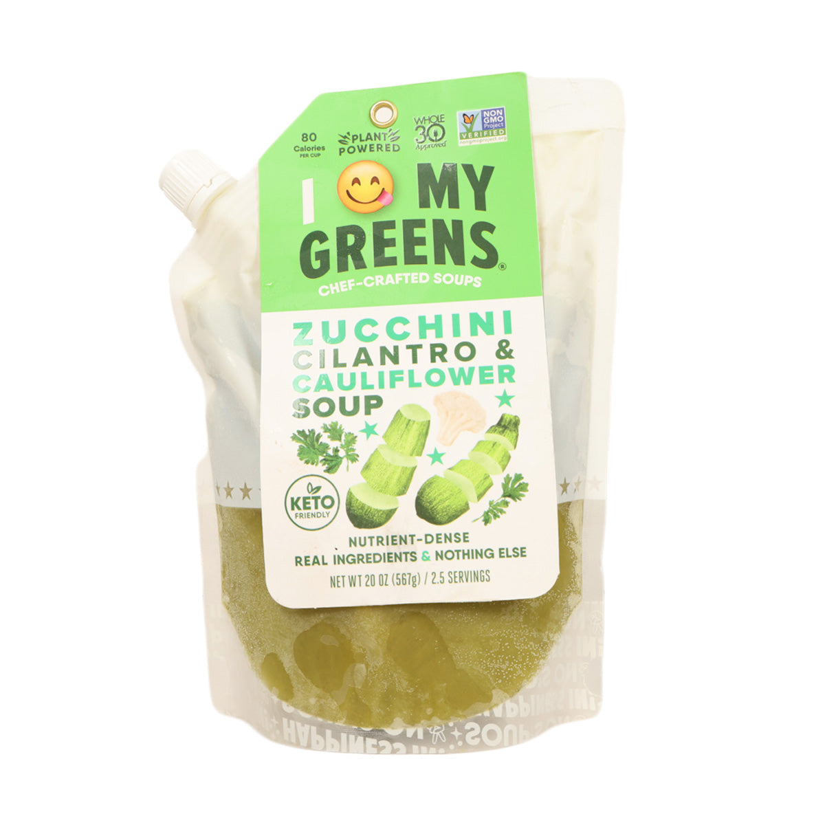 Ready-to-eat zucchini cilantro cauliflower soup pouch, green label, 567 g