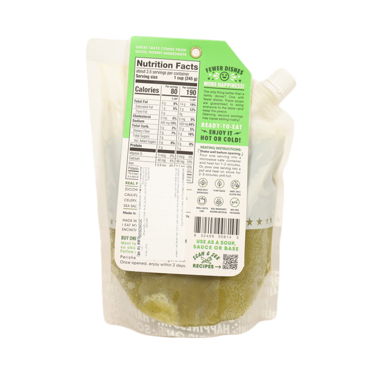 Back of soup pouch with nutrition facts and ingredients list, 567 g