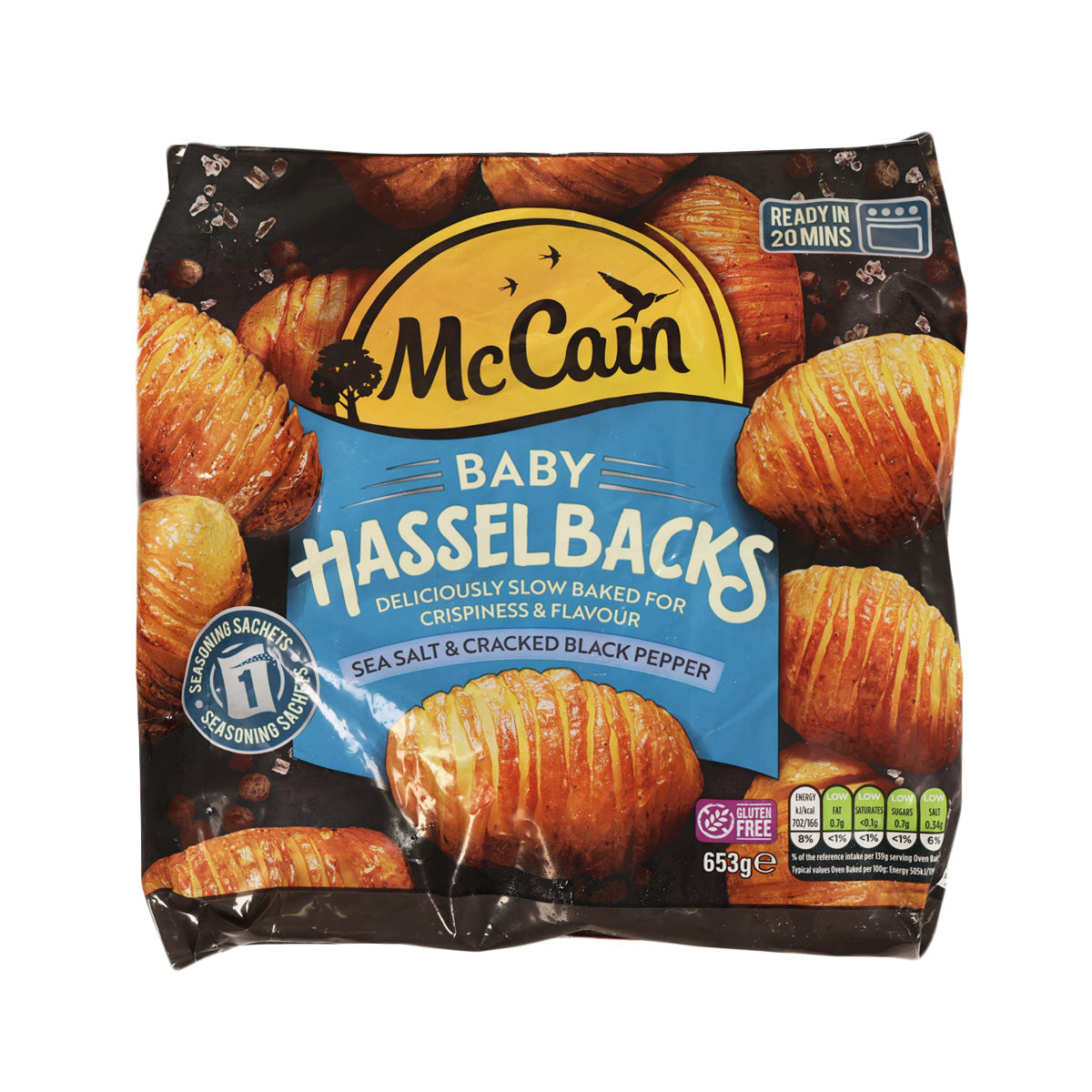 McCain Baby Hasselbacks frozen potato snack bag, sea salt & cracked black pepper, 653 g