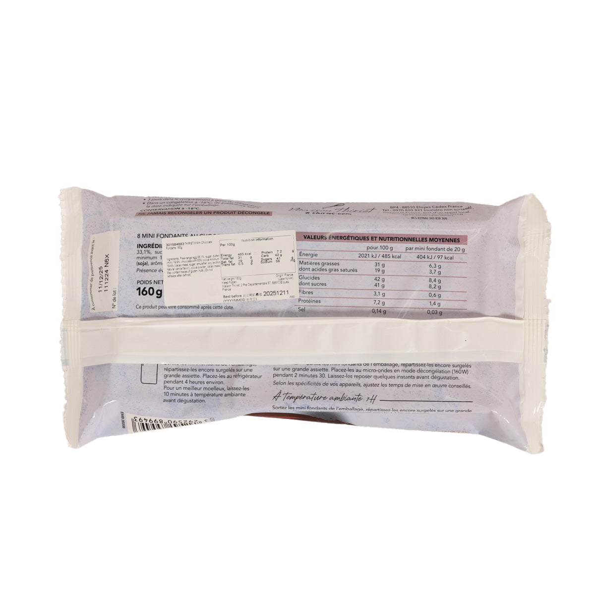 Mini chocolate fondants 160g pouch with ingredient label on the back side