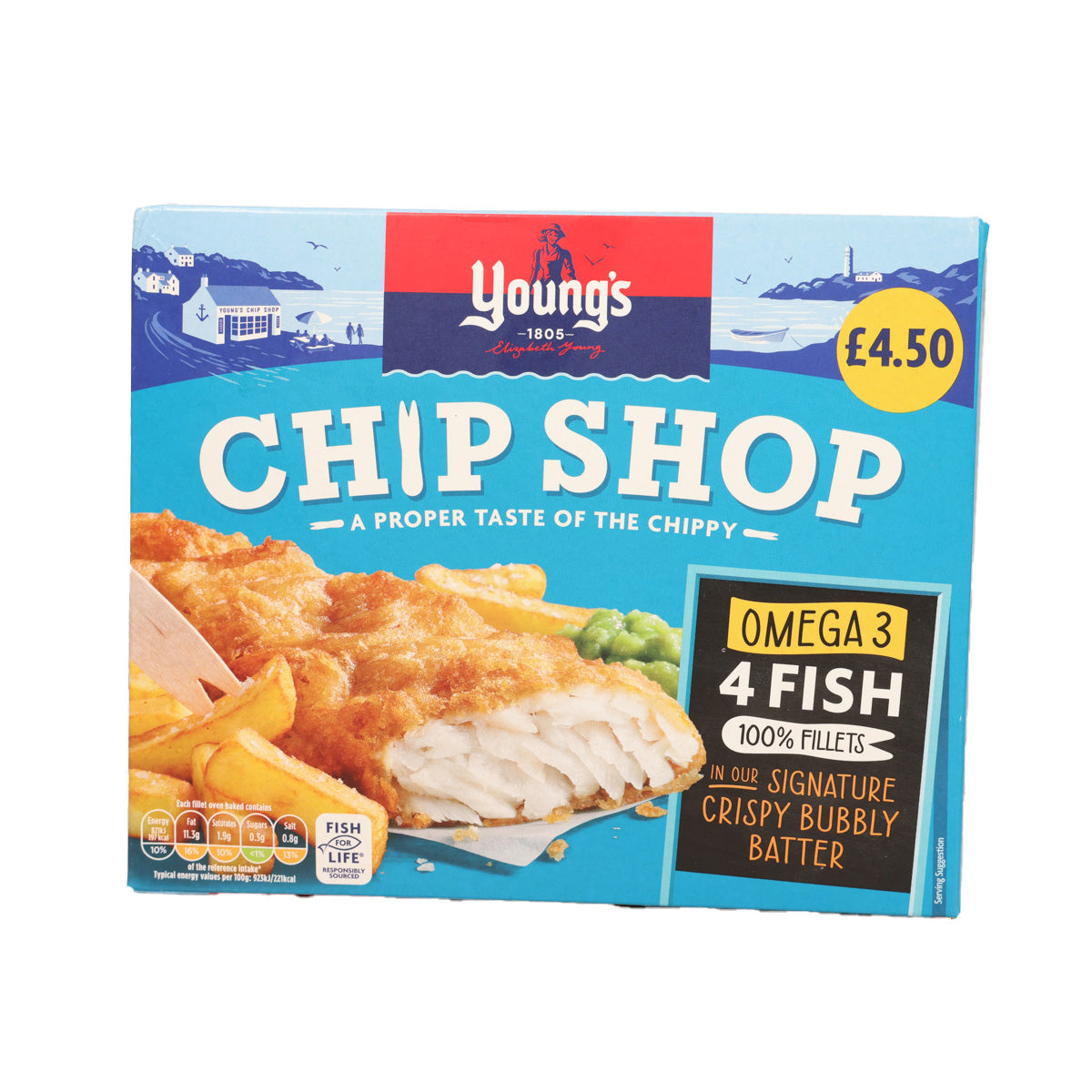 Omega-3 fish fillets box, 4 fillets, crispy bubbly batter front