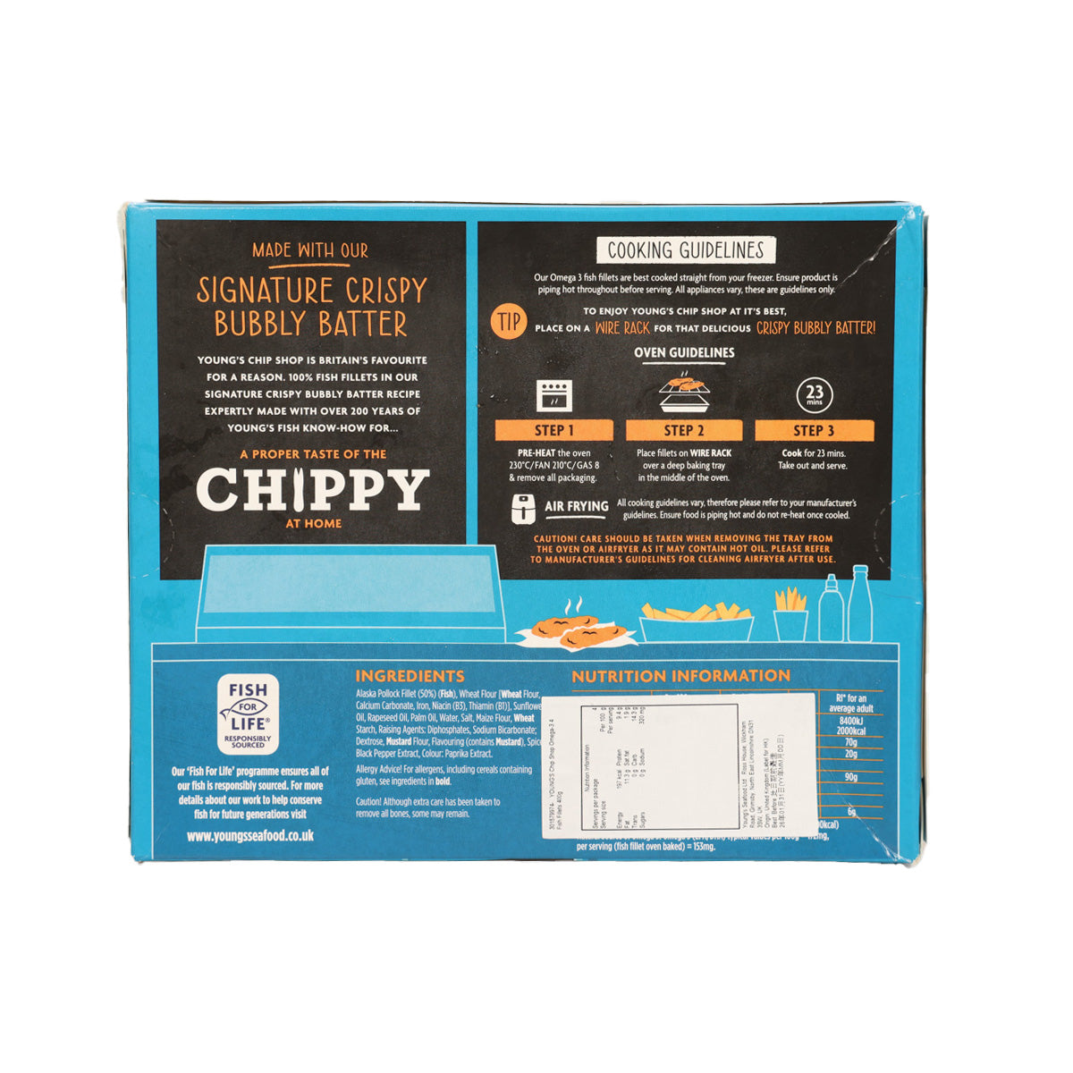 Omega-3 fish fillets box back with cooking guidelines and ingredients panels
