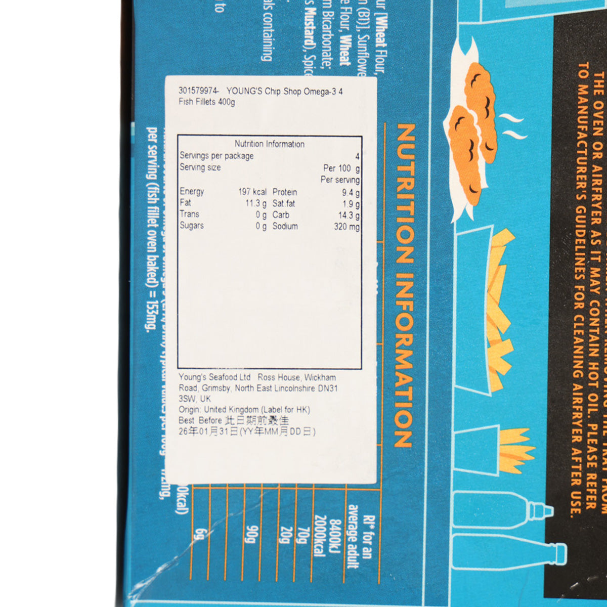 Nutrition information panel for Omega-3 fish fillets box, per 100g