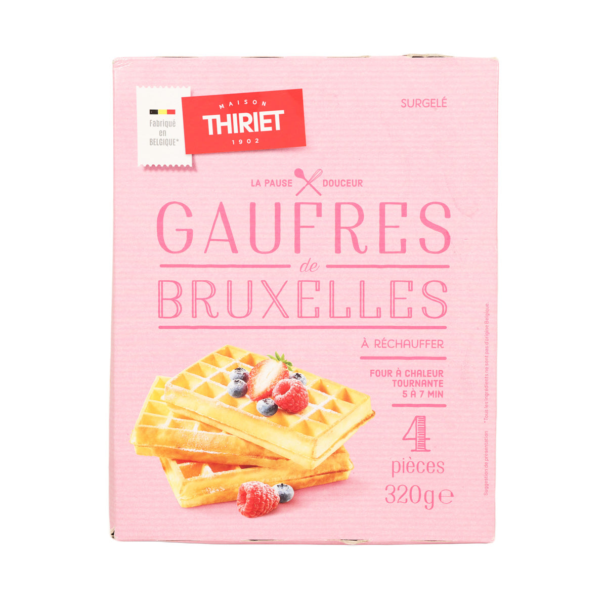 THIRIET Brussels waffles box, pink front with waffle squares and fruit