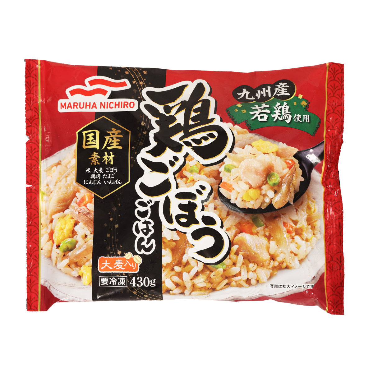 UMIOS chicken and burdock fried rice pouch, 430g, front label with rice bowl graphics