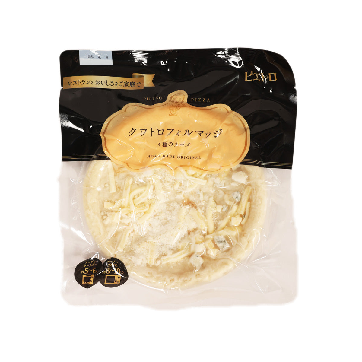 Cheese pizza with four-cheese topping, packaged in a clear bag (150 g)