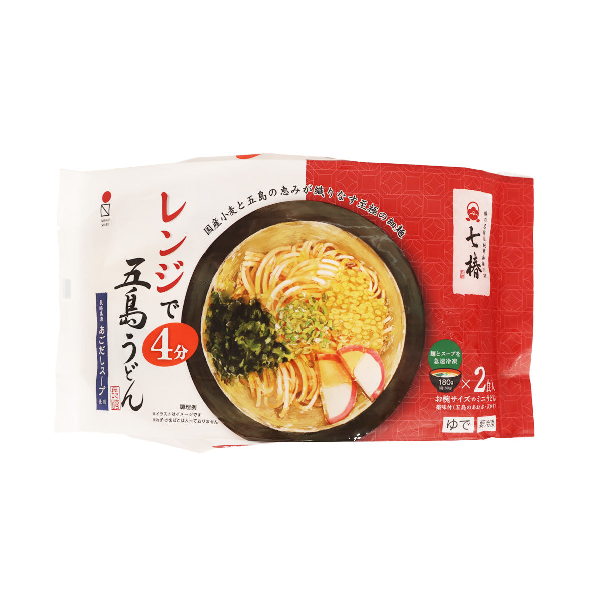 Microwavable mini udon soup pouch with bowl illustration and noodle toppings