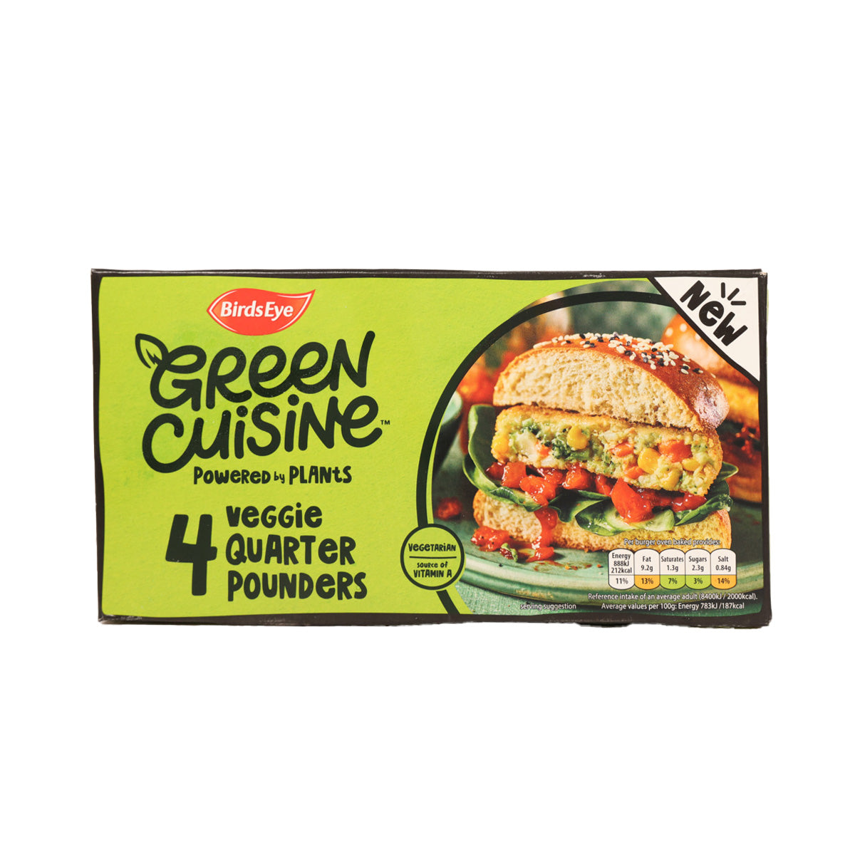 Birds Eye Green Cuisine veggie 4 quarter pounders carton, green burger graphics