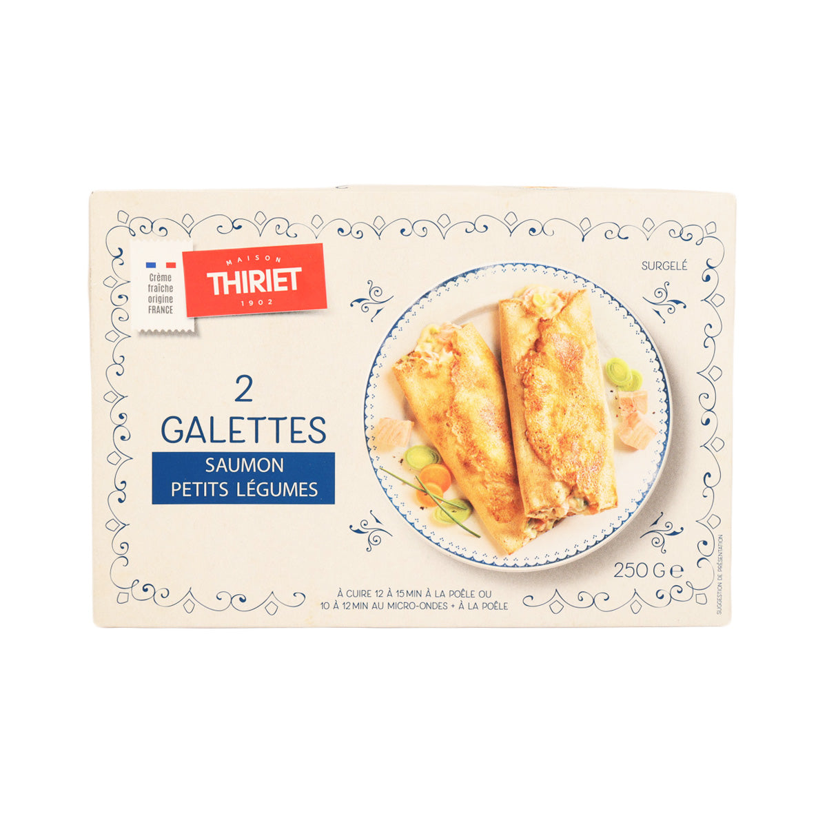 THIRIET 2 salmon & vegetable pancakes package, shows two galettes on label
