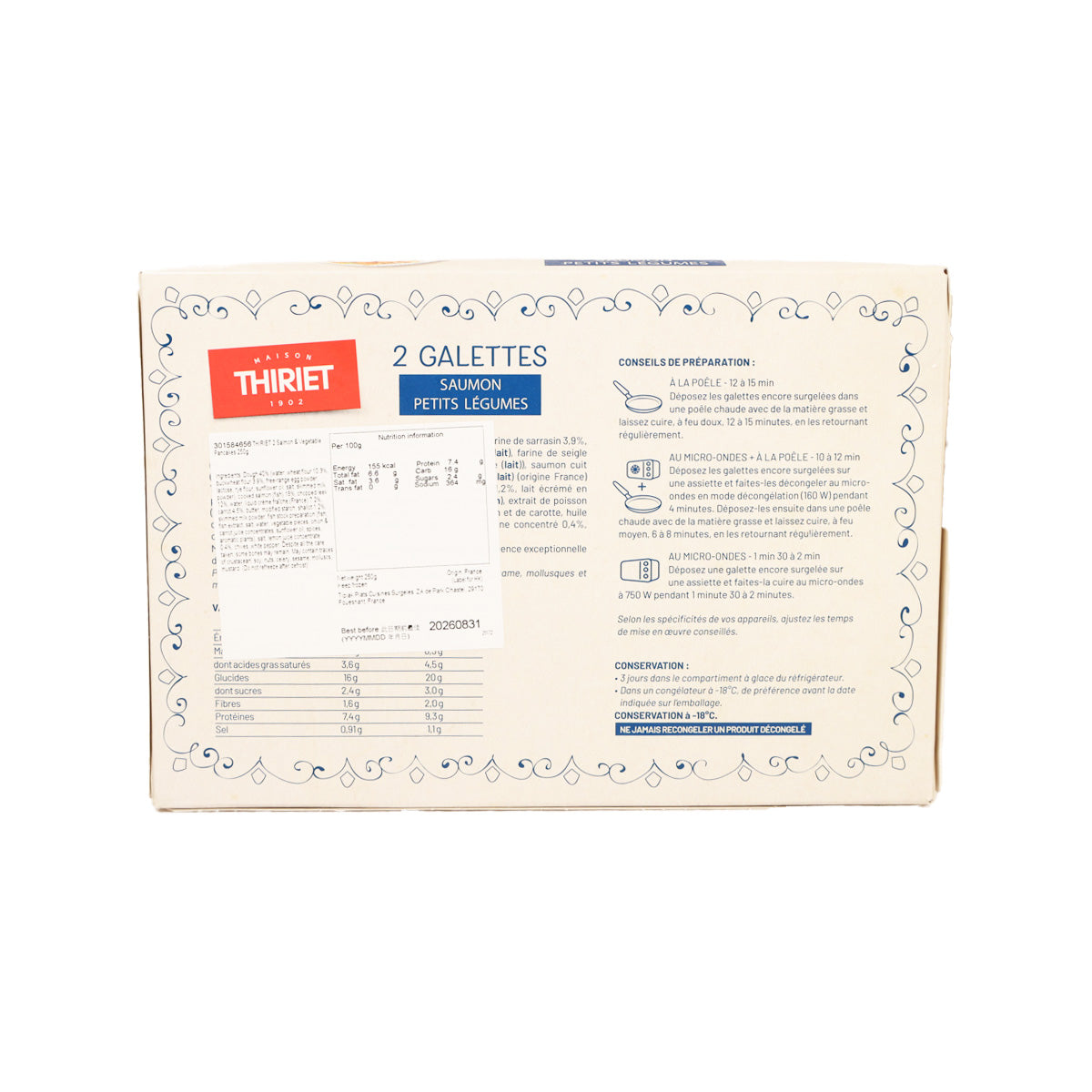 THIRIET 2 salmon & vegetable pancakes package back with ingredients and storage info