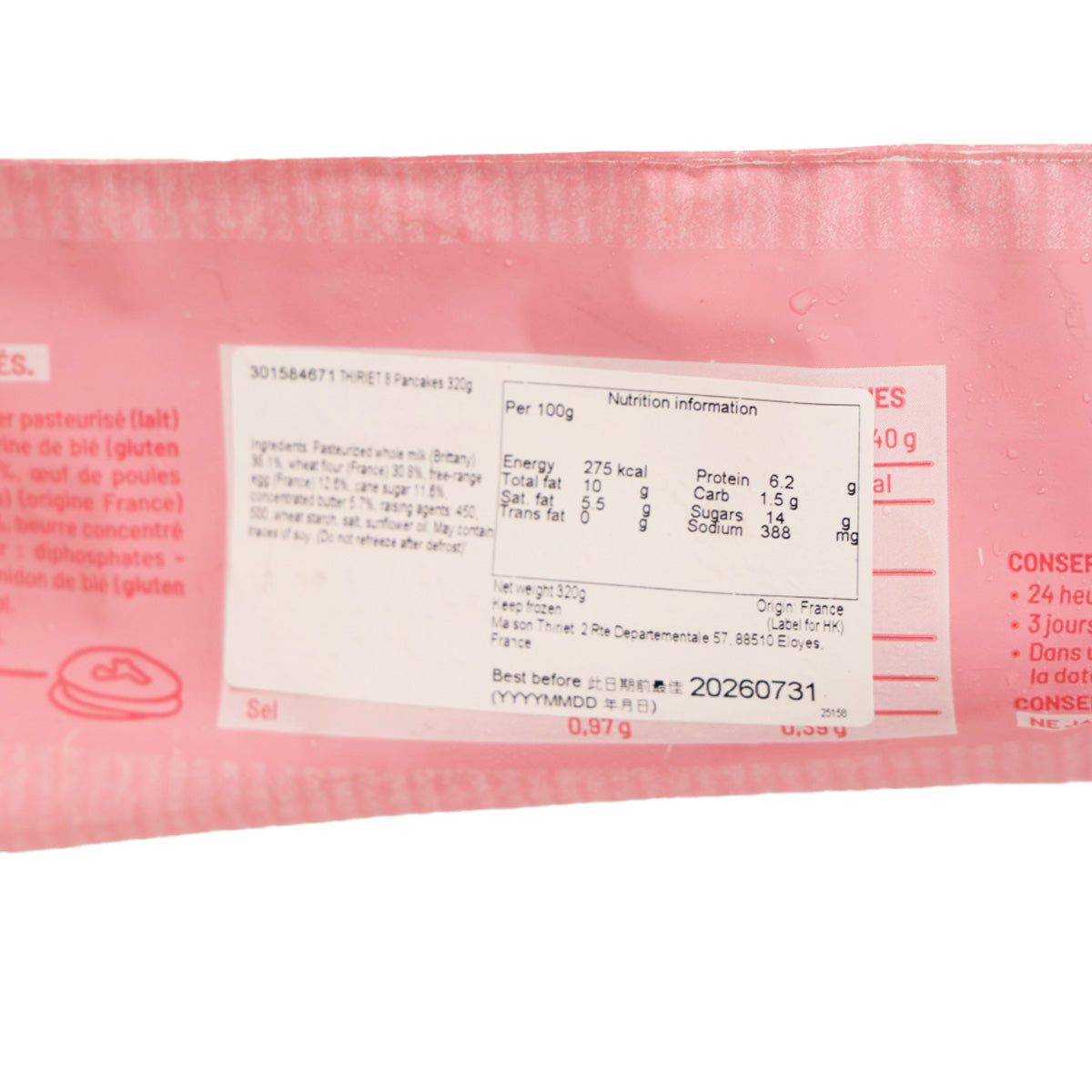 THIRIET Pancakes mix pouch, close-up of nutrition information panel