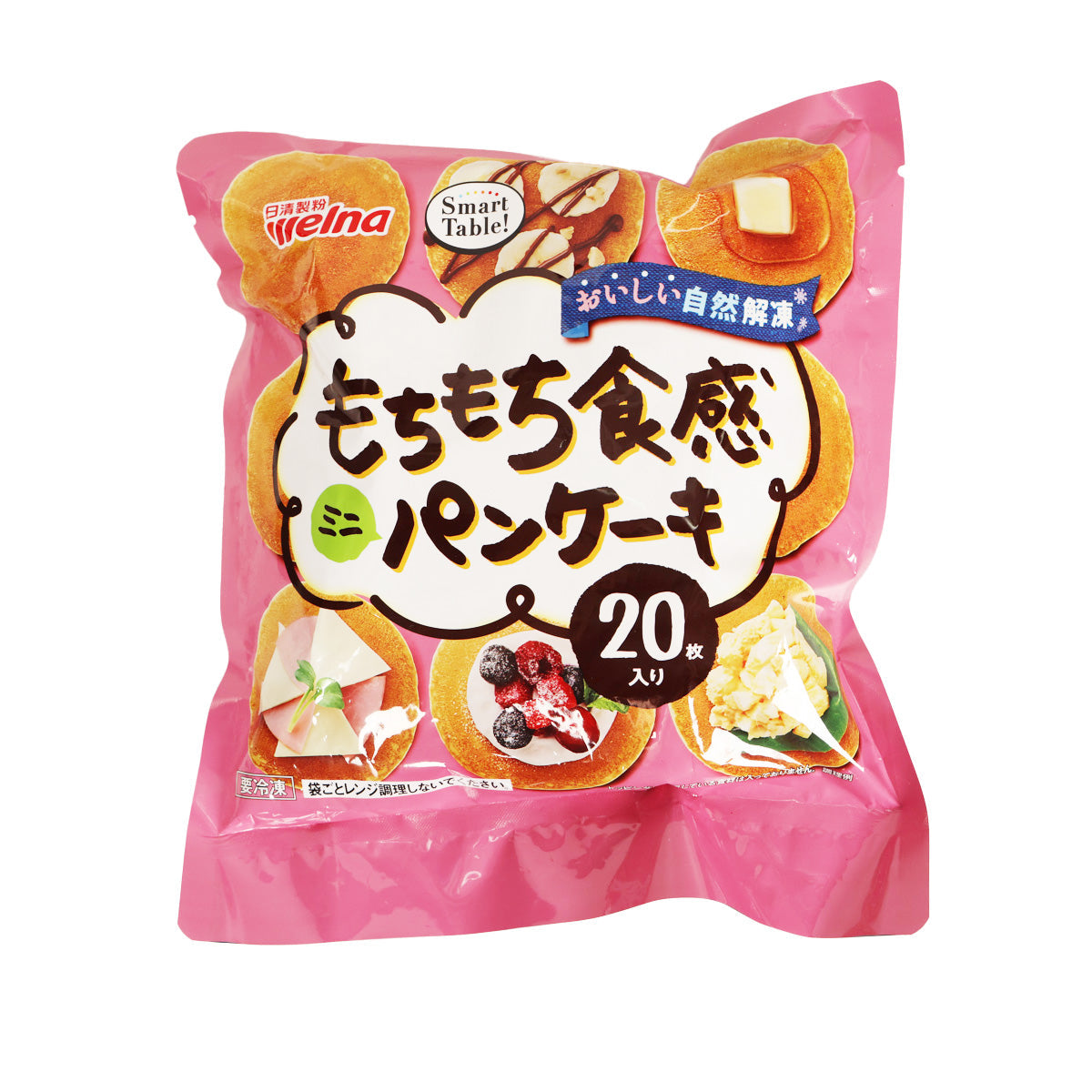 Pink pancake mix pouch with cartoon character and fruit topping graphics