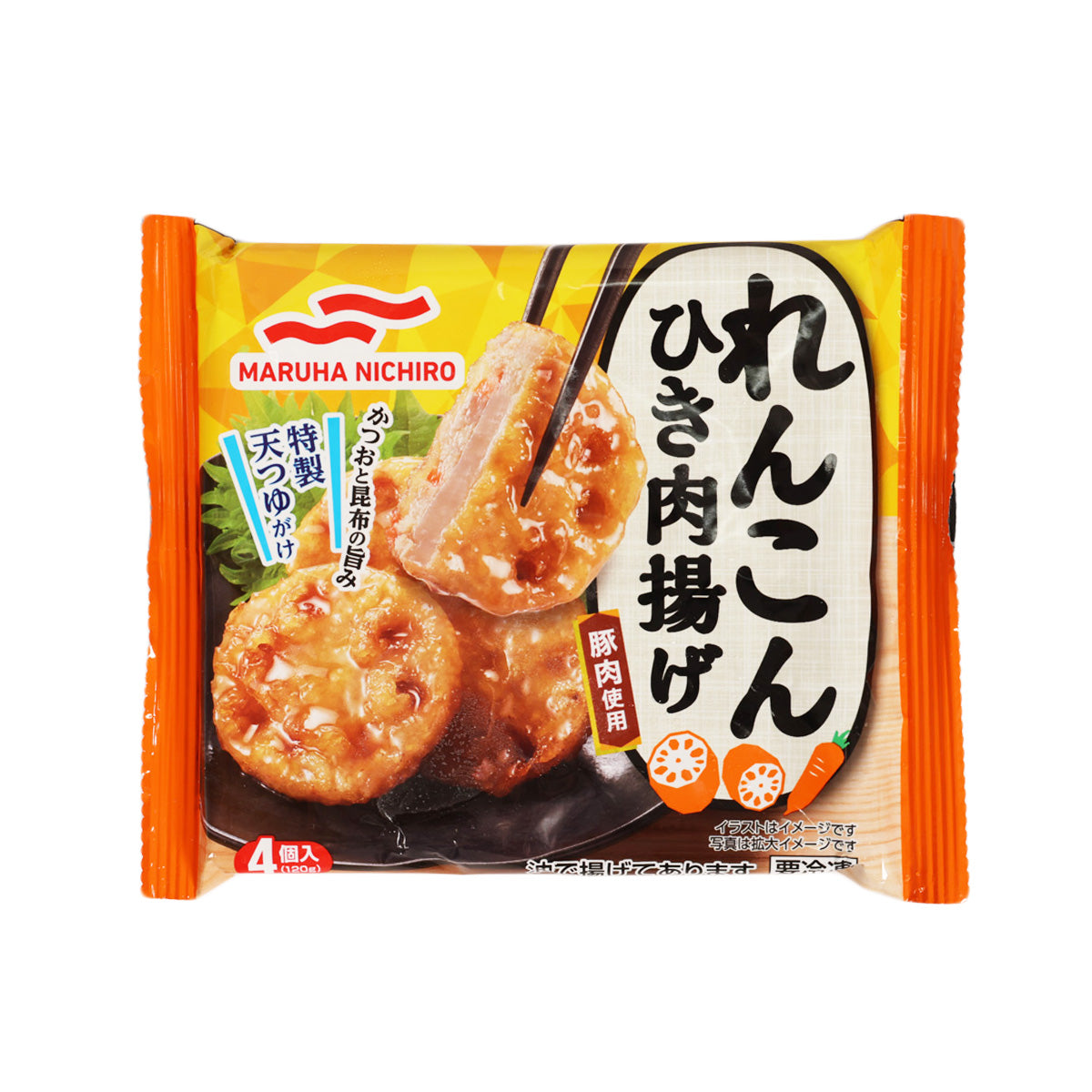 Packaged fried lotus root and minced pork snack, front with MARUHA NICHIRO branding