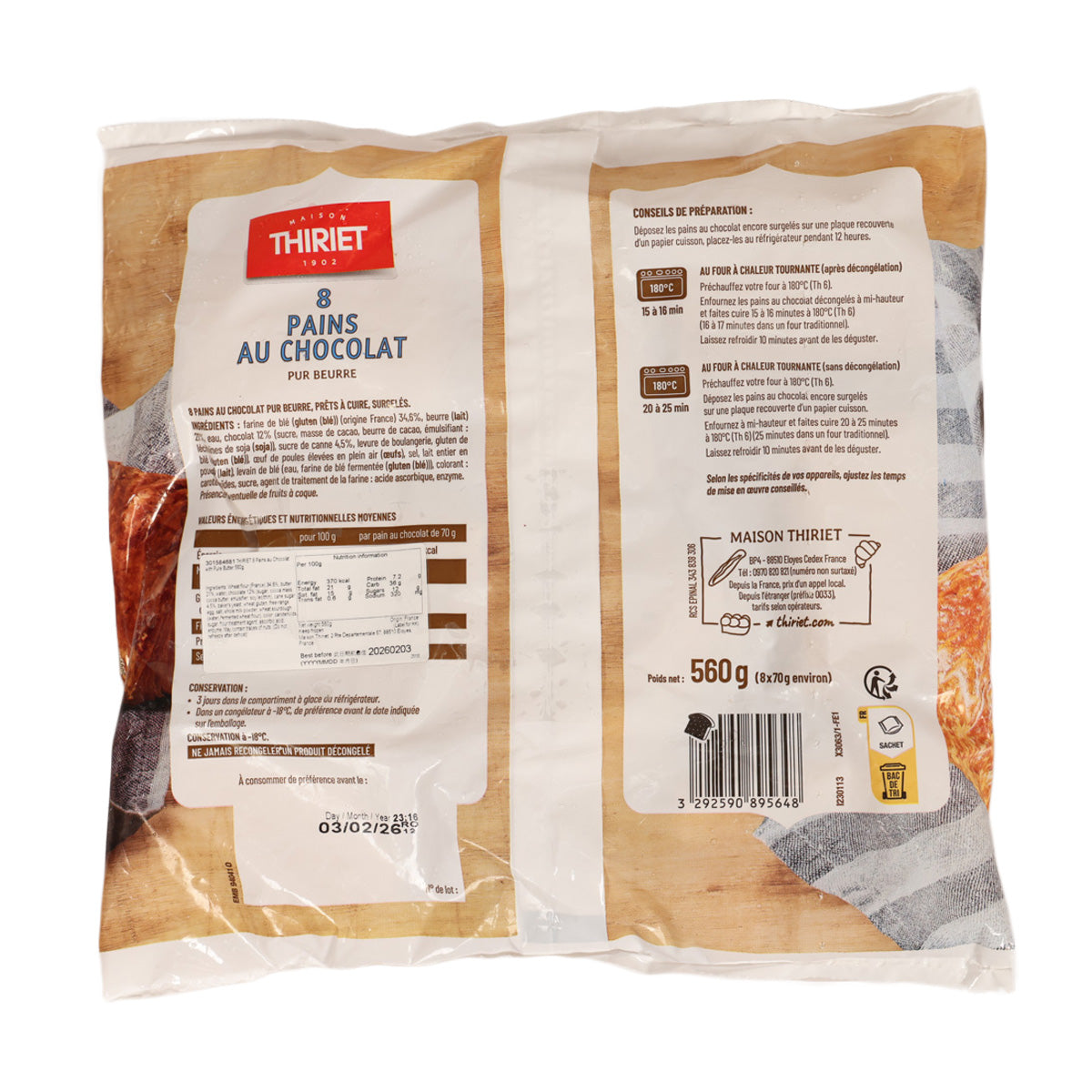 Back of sealed package for chocolate croissant pastries, 560 g