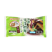 Matcha pancake mix pouch, green front with baking tray and serving count