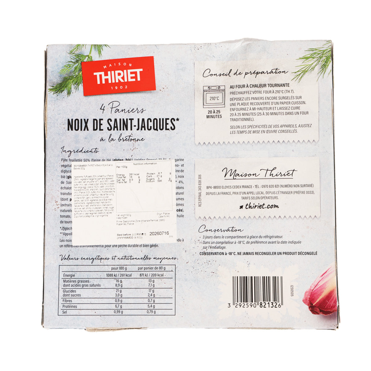 THIRIET scallop baskets 4-pack package back with serving and ingredients text