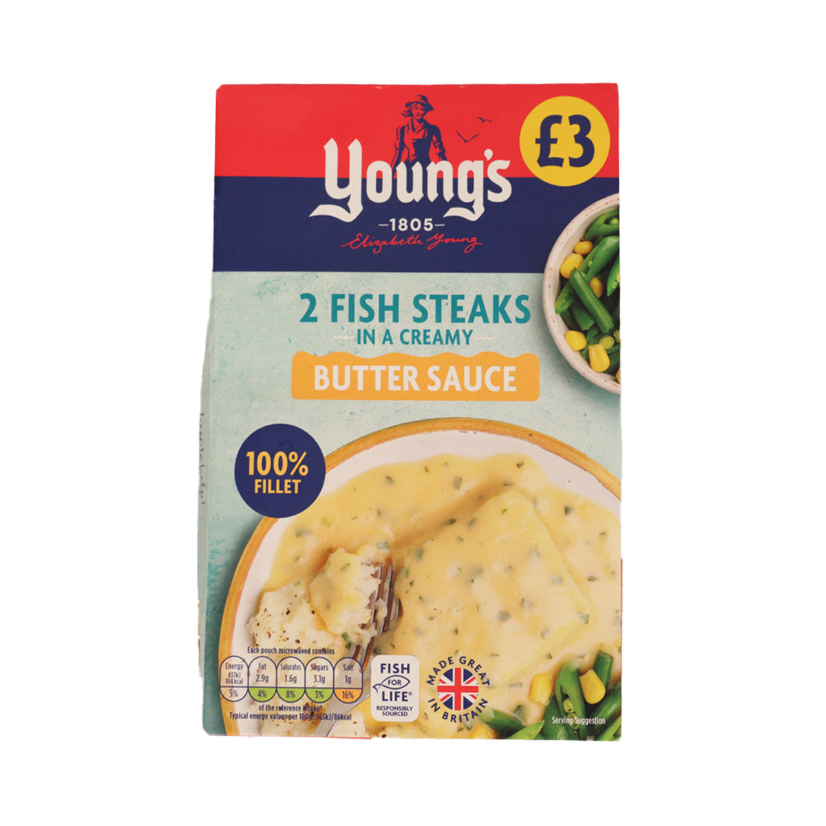 Young's fish steaks in creamy butter sauce pouch, 2 fillets, sealed pack