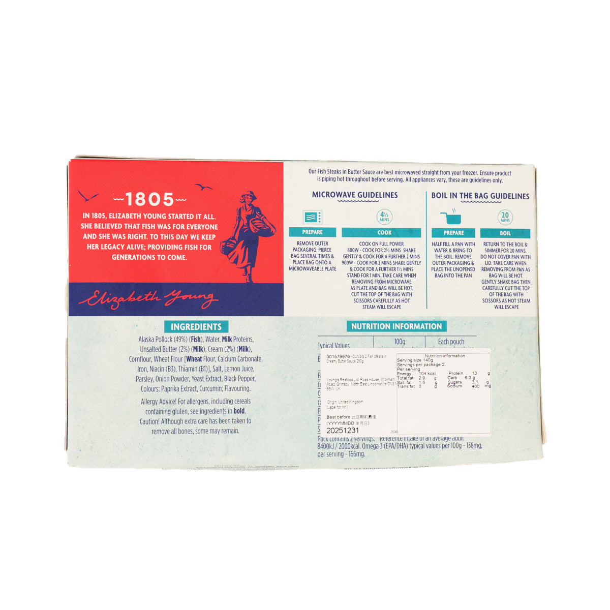 Young's fish steaks creamy butter sauce pouch back with ingredients and cooking directions