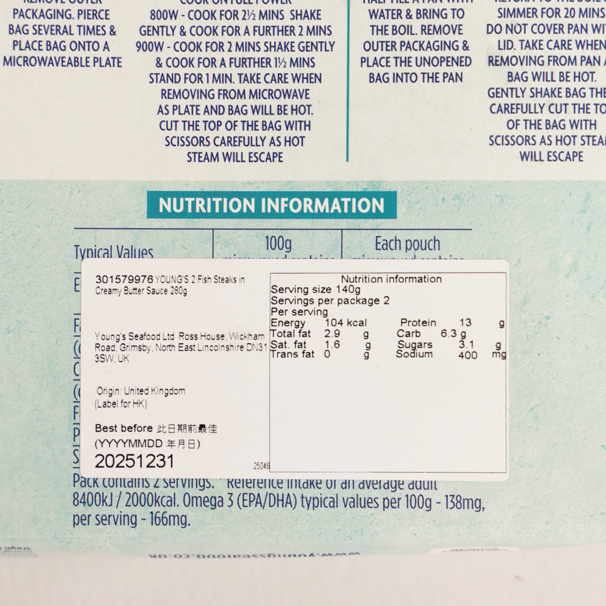 Young's fish steaks creamy butter sauce pouch with nutrition information panel