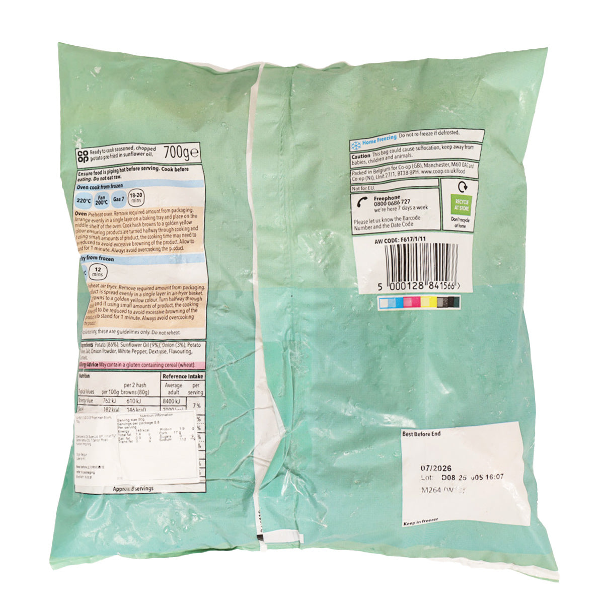 CO-OP Frozen Hash Browns 700g bag, green back panel with cooking and barcode info
