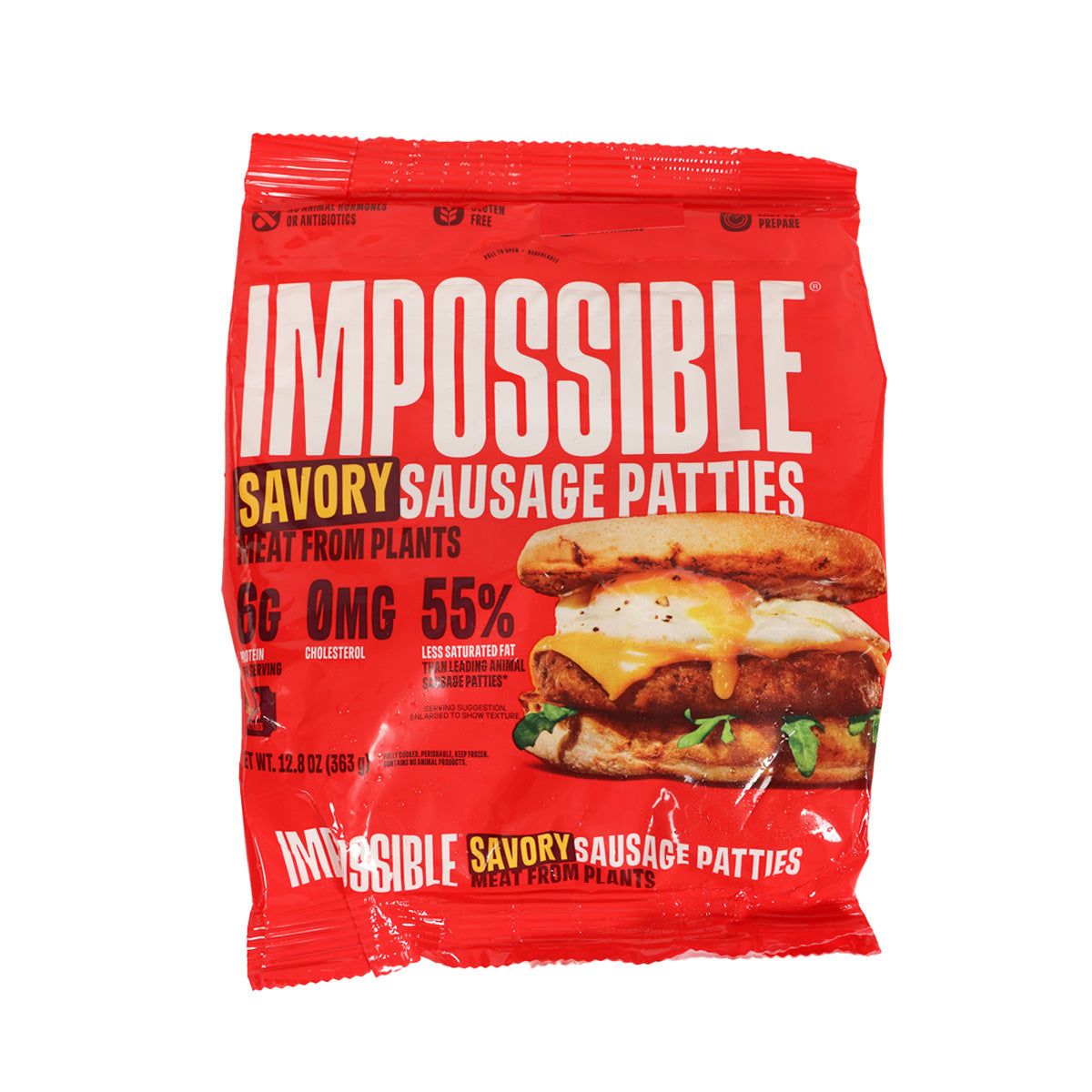 Red Impossible savory sausage patties bag with burger graphic