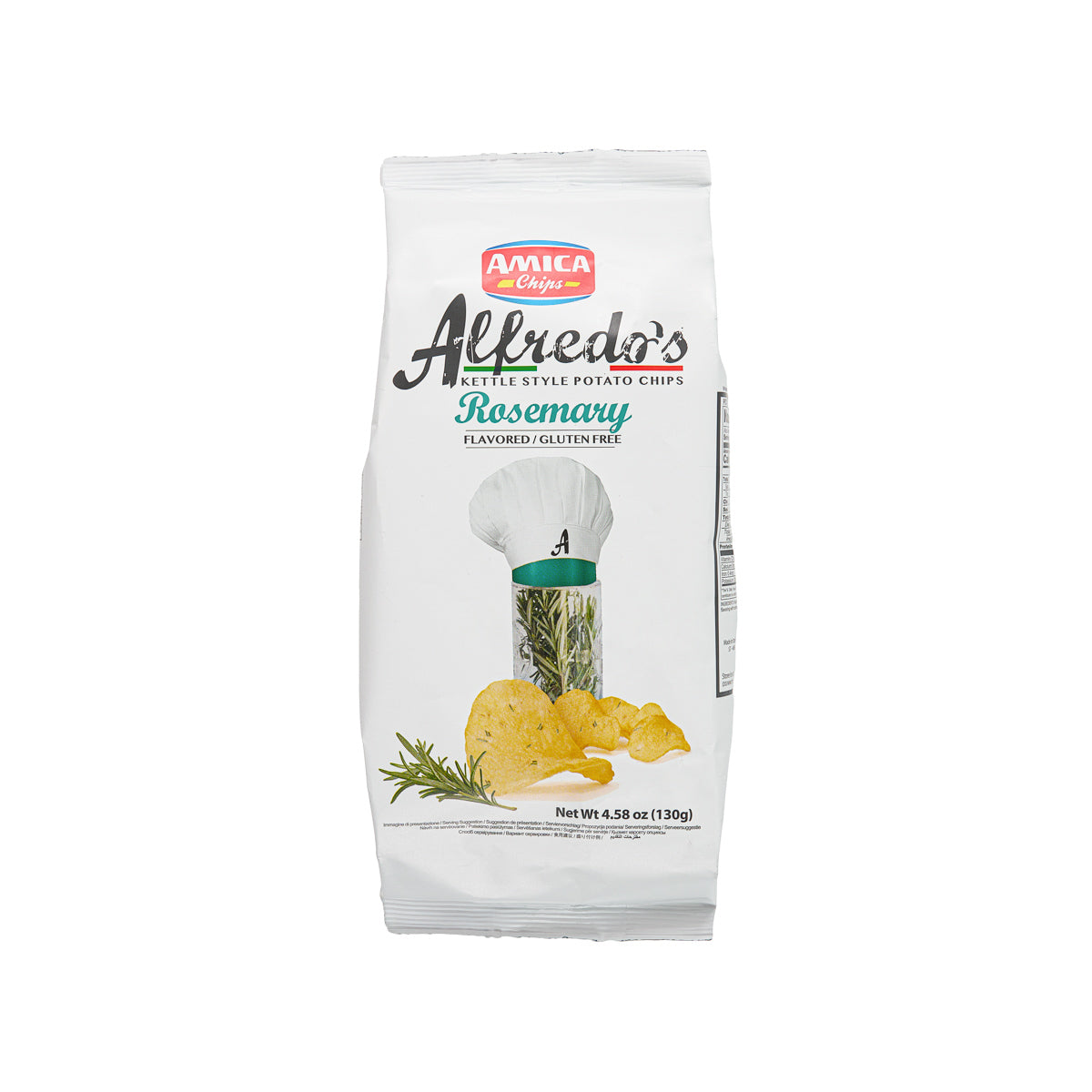 Rosemary potato chips bag, AMICA Alfredo's, front label with rosemary illustration (130g)